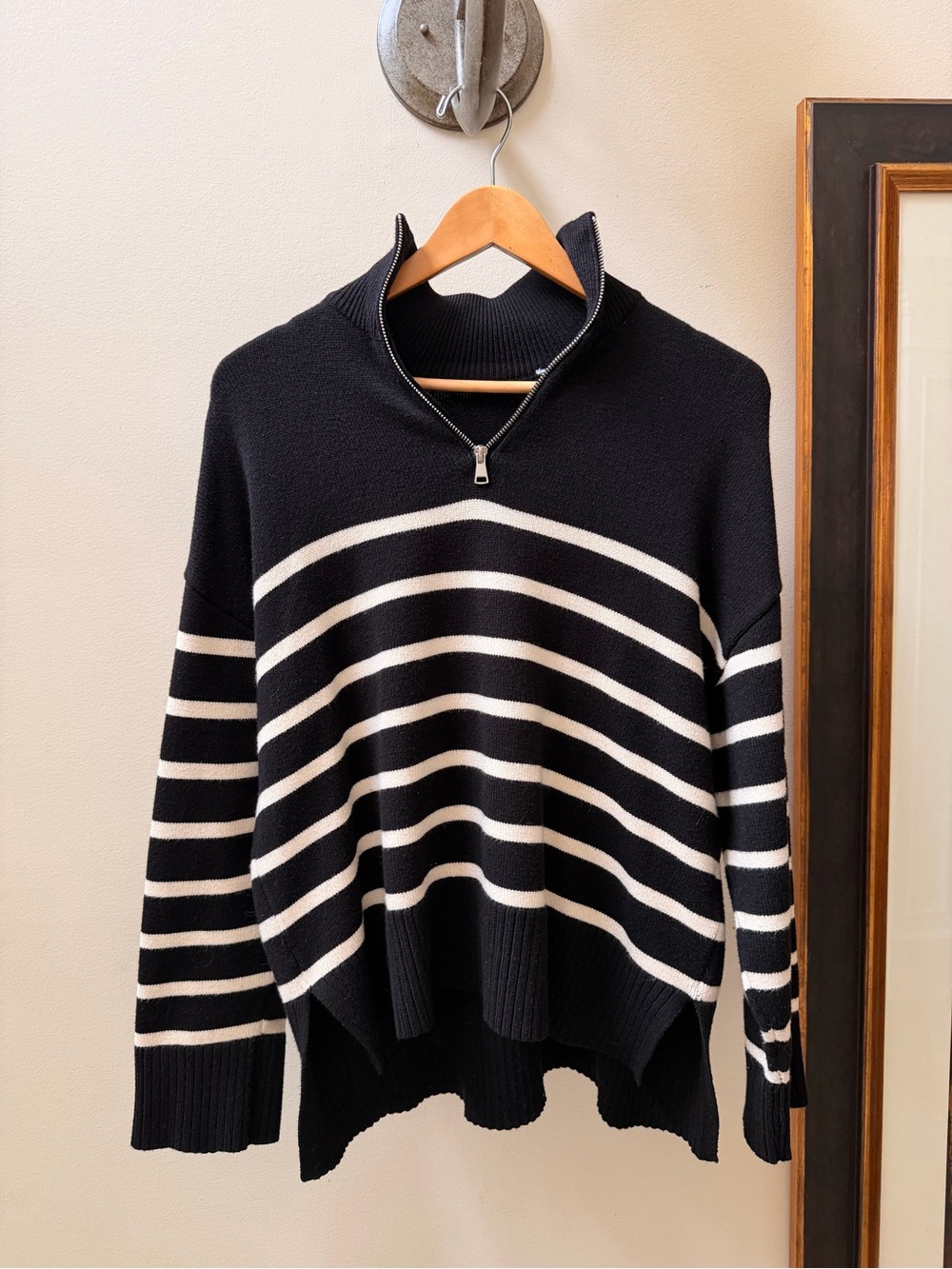 Zara Black & Cream Striped Half-Zip Sweater